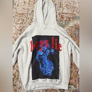 Boys Lie Gray Hoodie with Blue Flame and Red Text